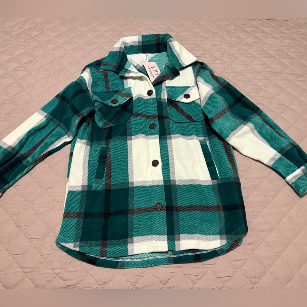 Zenana Outfitters Green and White Plaid Pea Coat